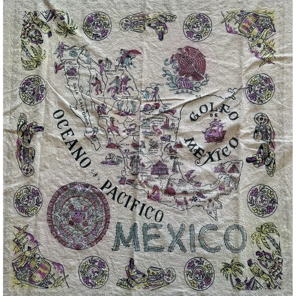 Vintage Mexico Souvenir Tablecloth Map 50x54.5 MCM Wall Hanging Landmarks 1950s